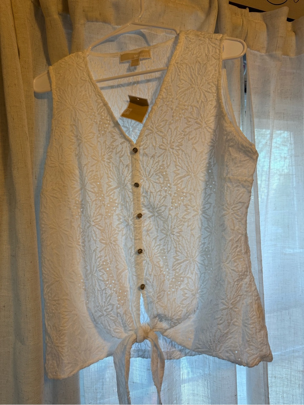 Michael Kors White Eyelet Button-Front Tie-Hem Camisole